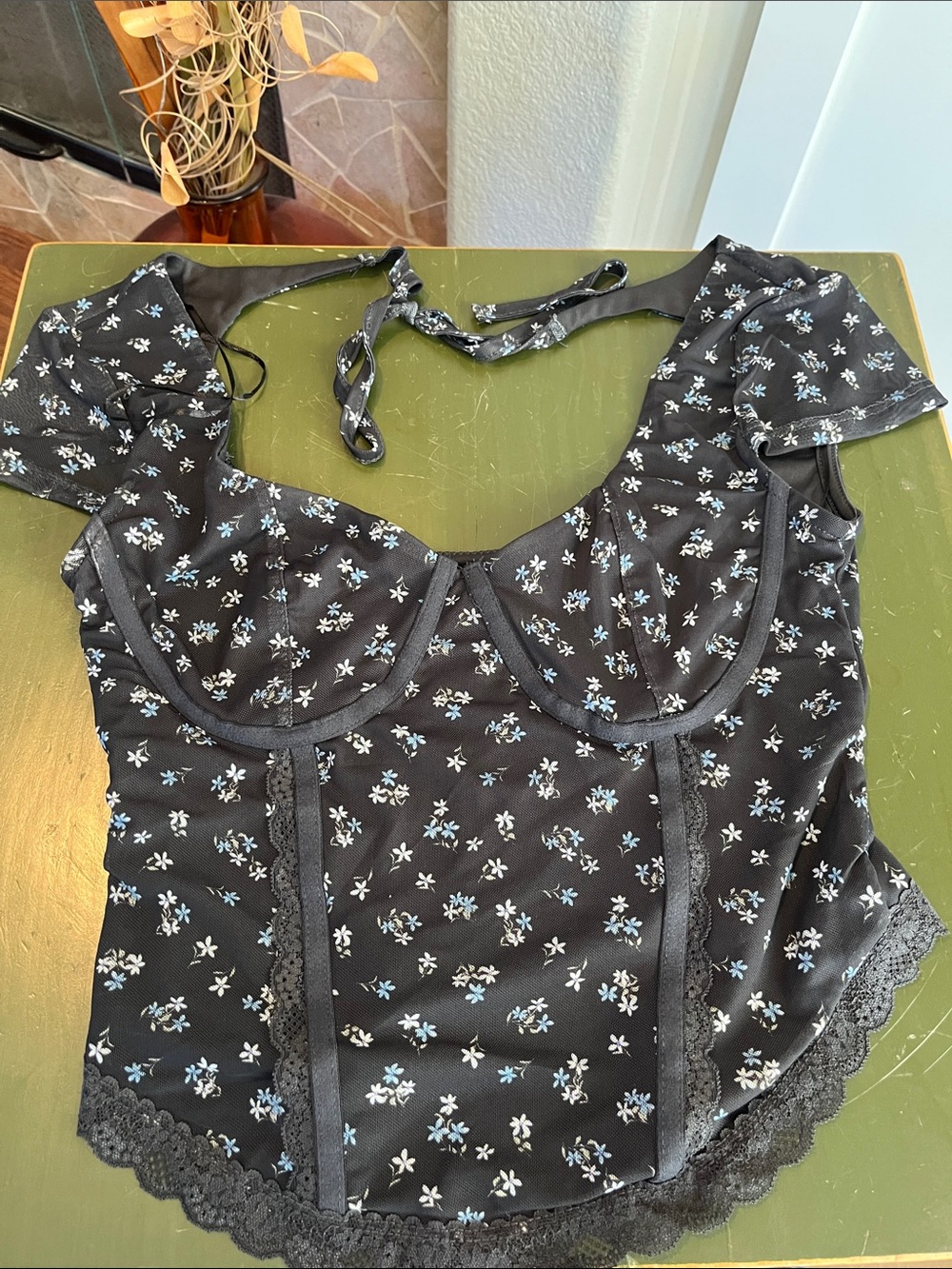 Hippie Rose Black Floral Lace-Trim Cropped Bustier